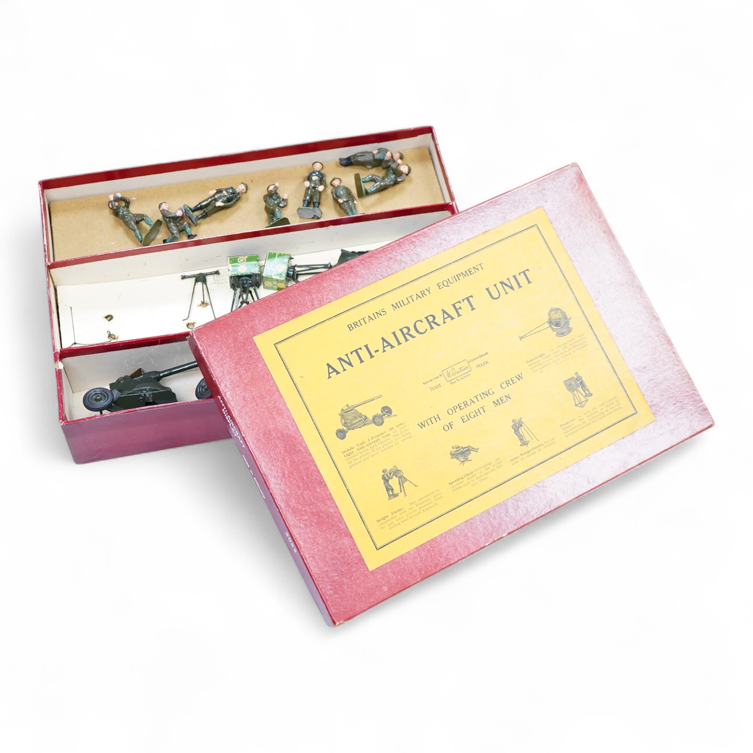 A boxed Britains Anti-Aircraft Unit (set no.2052) display set, comprising of fifteen pieces including; a 12-pdr anti aircraft gun on wheeled mount, a search light, two predictor units, a height finder, a range finder, a